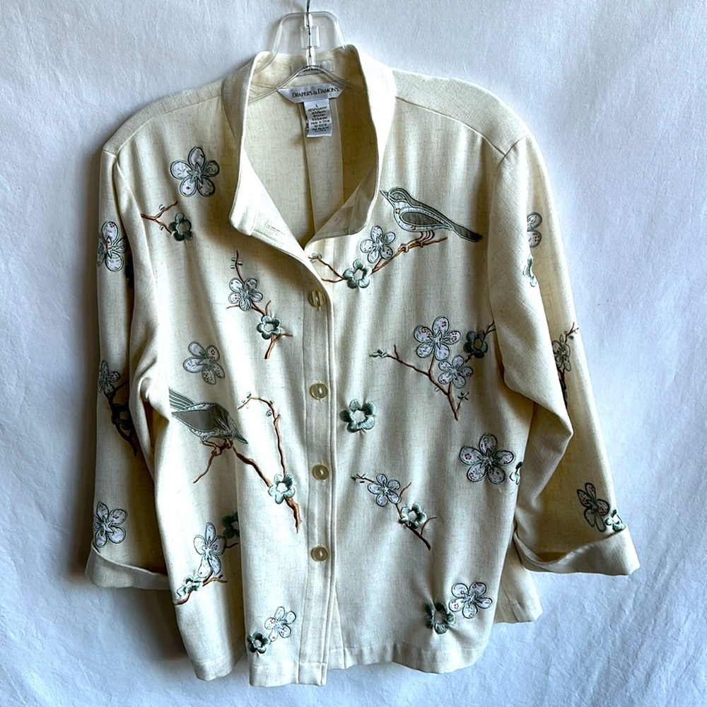 Draper’s & Damon’s cream jacket with bird and floral print, size L